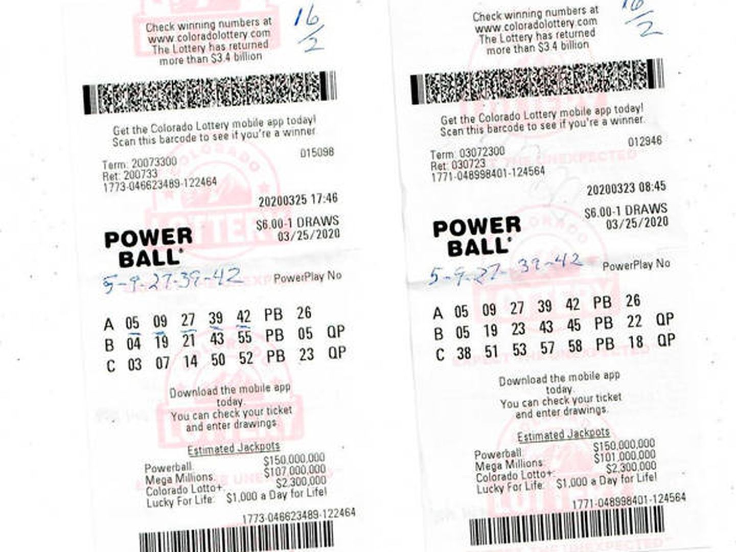 Los dos boletos ganadores en los que se repite una combinación (Foto: Colorado Lottery)
