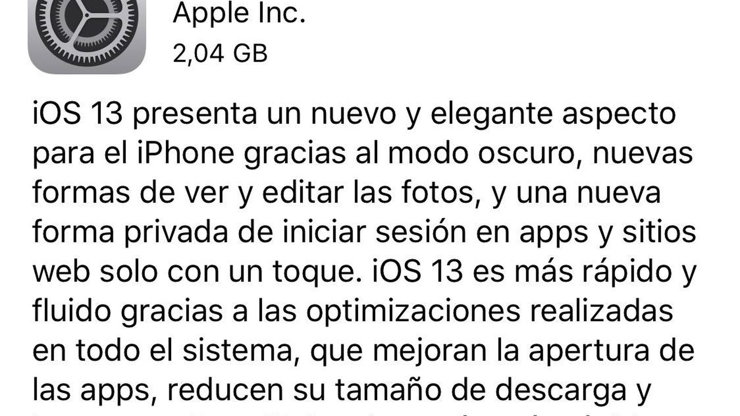 Mensaje de los terminales iPhone para actualizar el sistema a iOS 13.