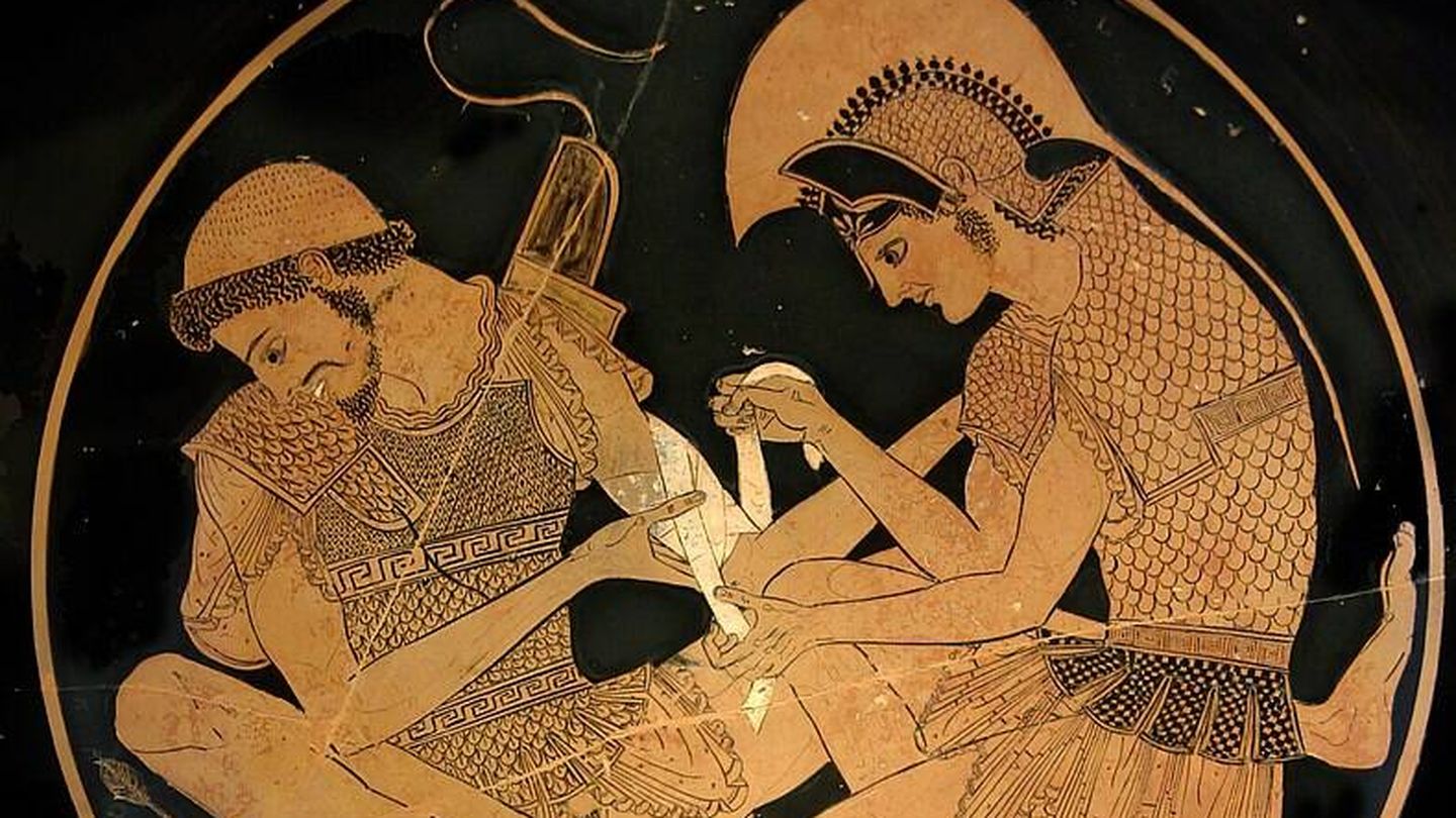 Aquiles vendando a Patroclo, dos de los héroes en la historia de la guerra de Troya.