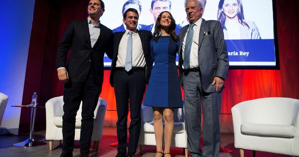 Foto: Inés Arrimadas, Mario Vargas Llosa, Albert Rivera y Manuel Valls en el acto de campaña de Cs. (EFE)