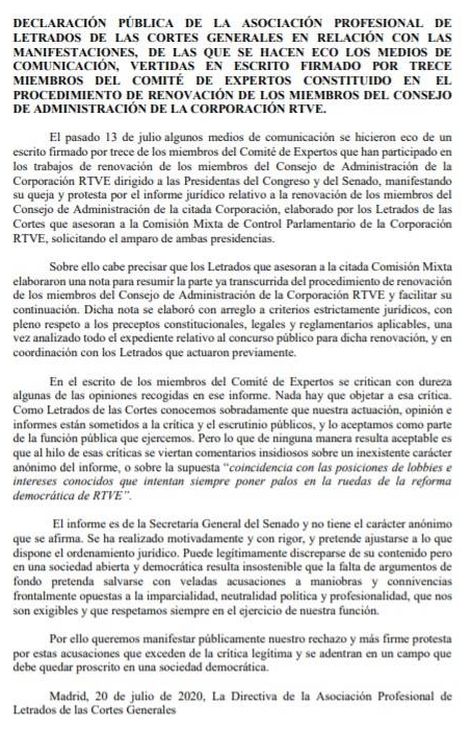 Consulte aquí en PDF la declaración pública de la Asociación Profesional de los Letrados de las Cortes Generales contra los firmantes del comité de expertos de RTVE. 