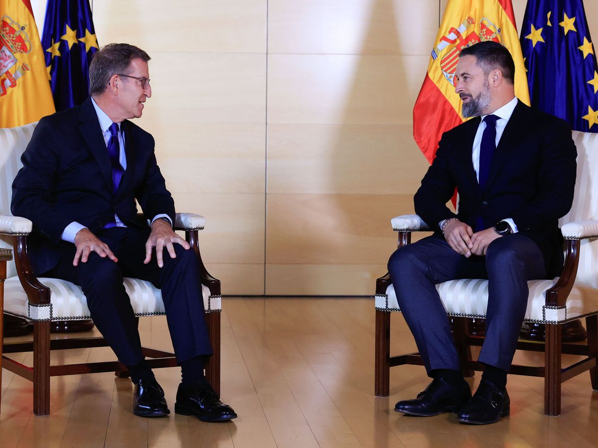 Foto: El líder del PP, Alberto Núñez Feijóo, junto al presidente de Vox, Santiago Abascal. (EFE/Zipi Aragón)