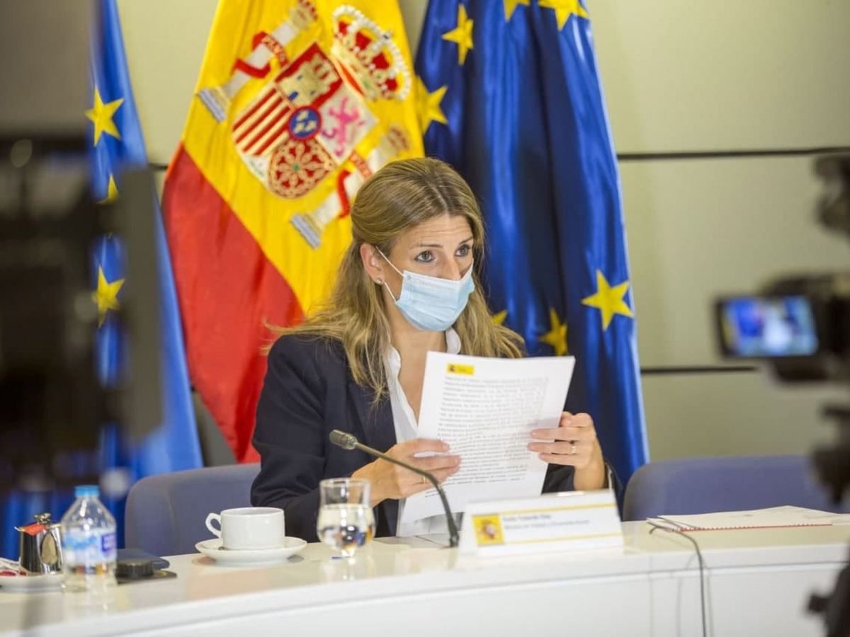 Foto: La ministra de Trabajo y Economía Social, Yolanda Díaz, copreside por videoconferencia el pleno del Consejo General de la Formación Profesional. (EFE)