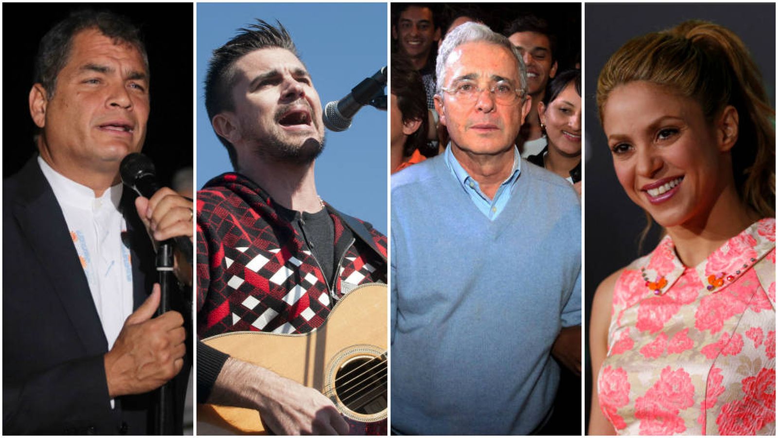 Foto: De izquierda a derecha: Rafael Correa, Juanes, Álvaro Uribe y Shakira (EFE/Reuters)
