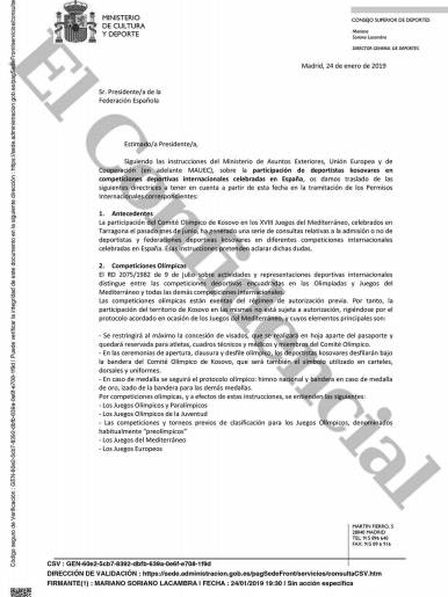 La carta que el CSD envió a las federaciones con las condiciones para acoger a los deportistas de Kosovo.