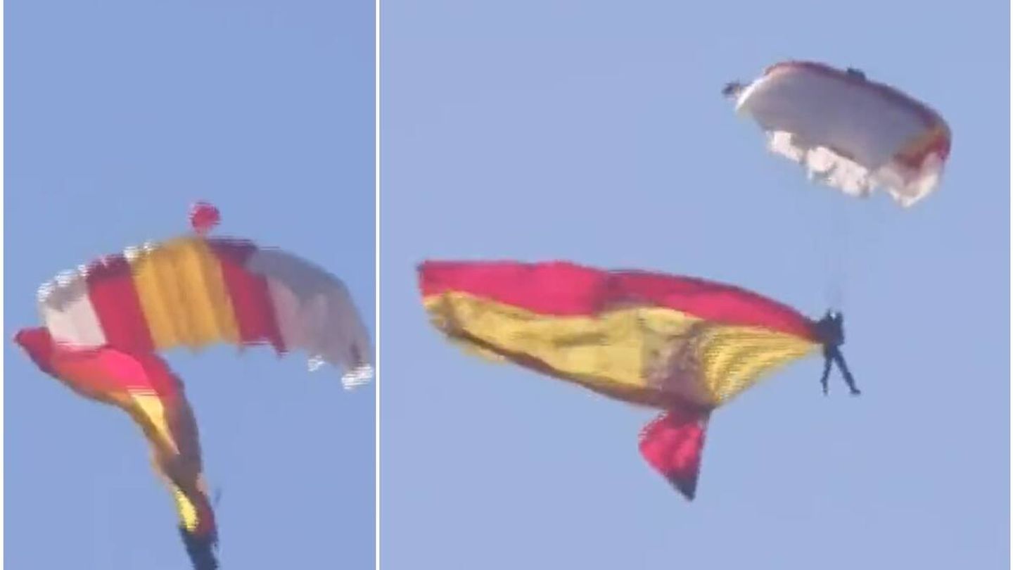 El momento del salto paracaidista para desplegar la bandera de España en el cielo de Madrid. (Twitter)