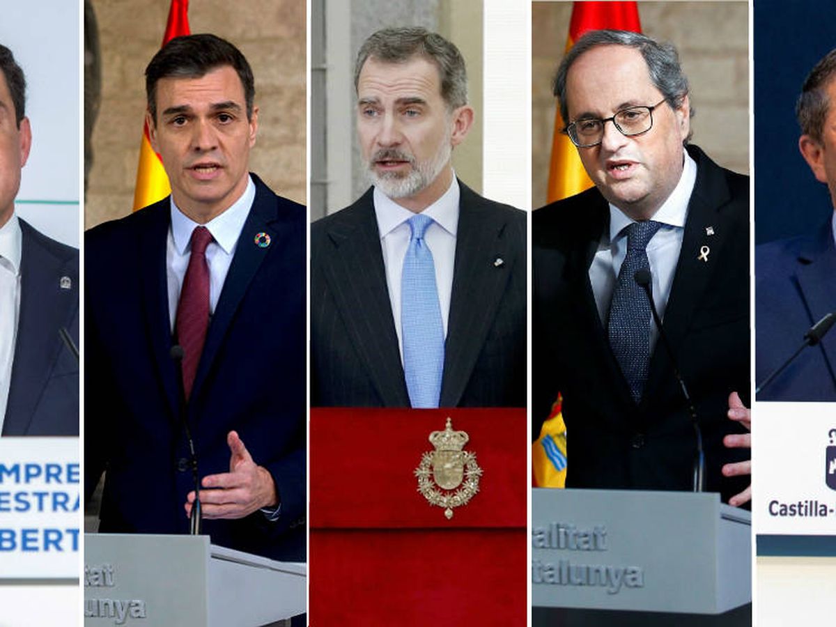 Foto: De i. a d.: Juan Manuel Moreno Bonilla, Pedro Sánchez, el rey Felipe VI, Quim Torra y Emiliano García-Page. (Montaje: EC.)