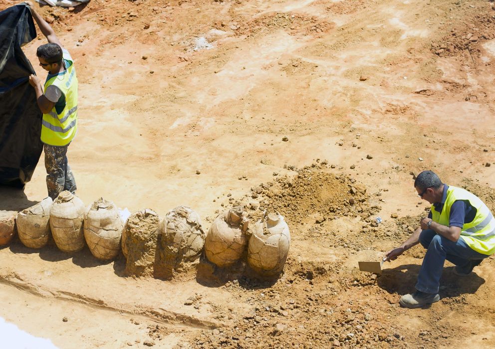 Foto: Ánforas romanas encontradas en las obras de un aparcamiento de Puerto Real, Cádiz (EFE)