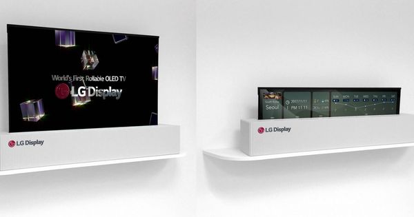 Foto: La nueva tele de 65 pulgadas de LG desplegada (izquierda) y enrollada (derecha)