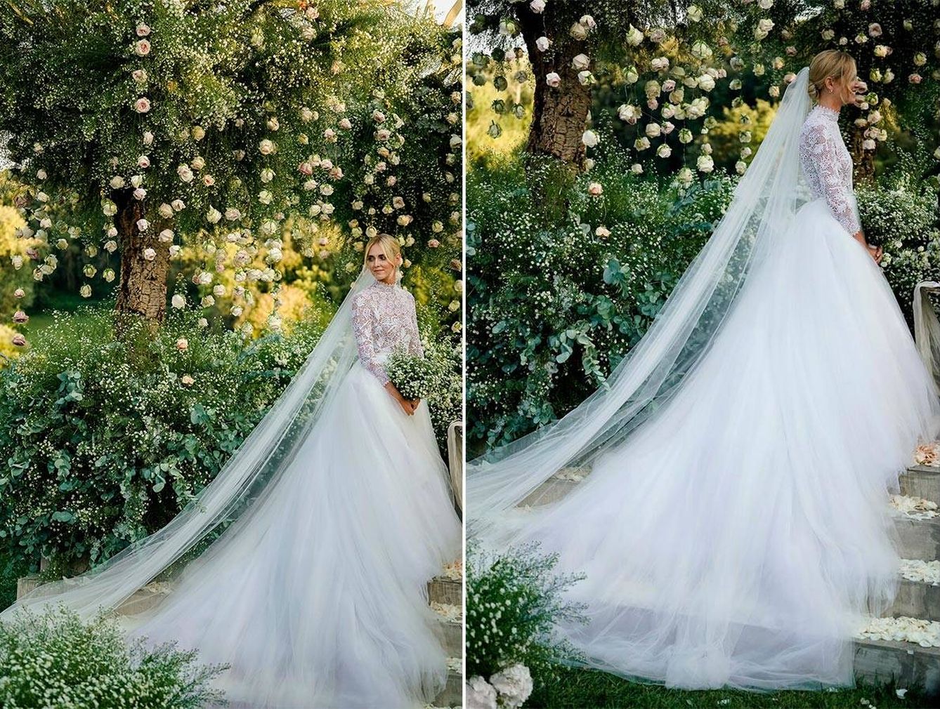La novia en uno de los espectaculares jardines de Dimora delle Balze. (Imagen: David Bastianoni/Cortesía de Dior)
