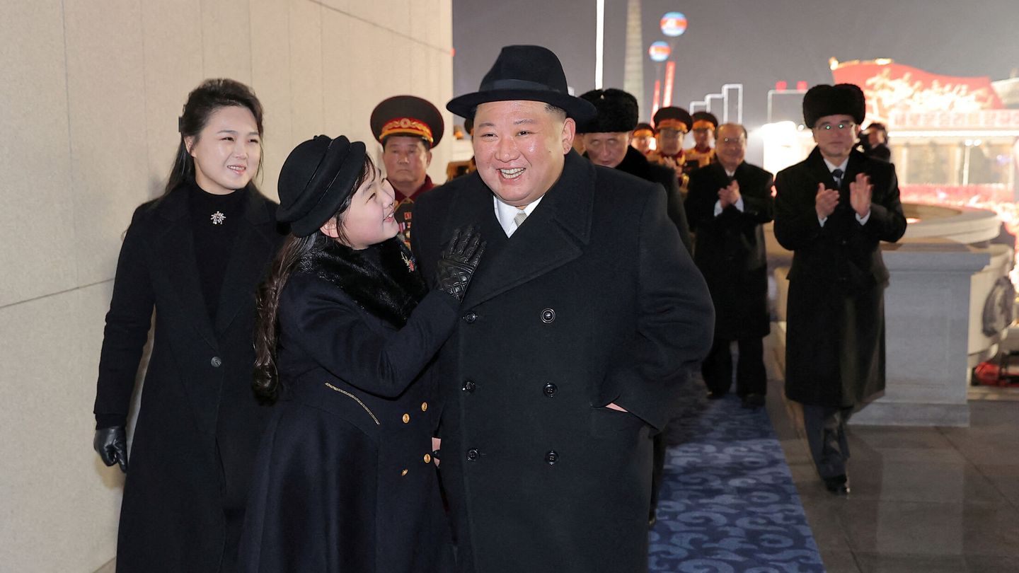 North Korean leader Kim Jong Un, his wife Ri Sol Ju and their daughter Kim Ju Ae attend a military parade to mark the 75th founding anniversary of North Korea's army, at Kim Il Sung Square in Pyongyang, North Korea February 8, 2023, in this photo released by North Korea's Korean Central News Agency (KCNA).    KCNA via REUTERS    ATTENTION EDITORS - THIS IMAGE WAS PROVIDED BY A THIRD PARTY. REUTERS IS UNABLE TO INDEPENDENTLY VERIFY THIS IMAGE. NO THIRD PARTY SALES. SOUTH KOREA OUT. NO COMMERCIAL OR EDITORIAL SALES IN SOUTH KOREA.