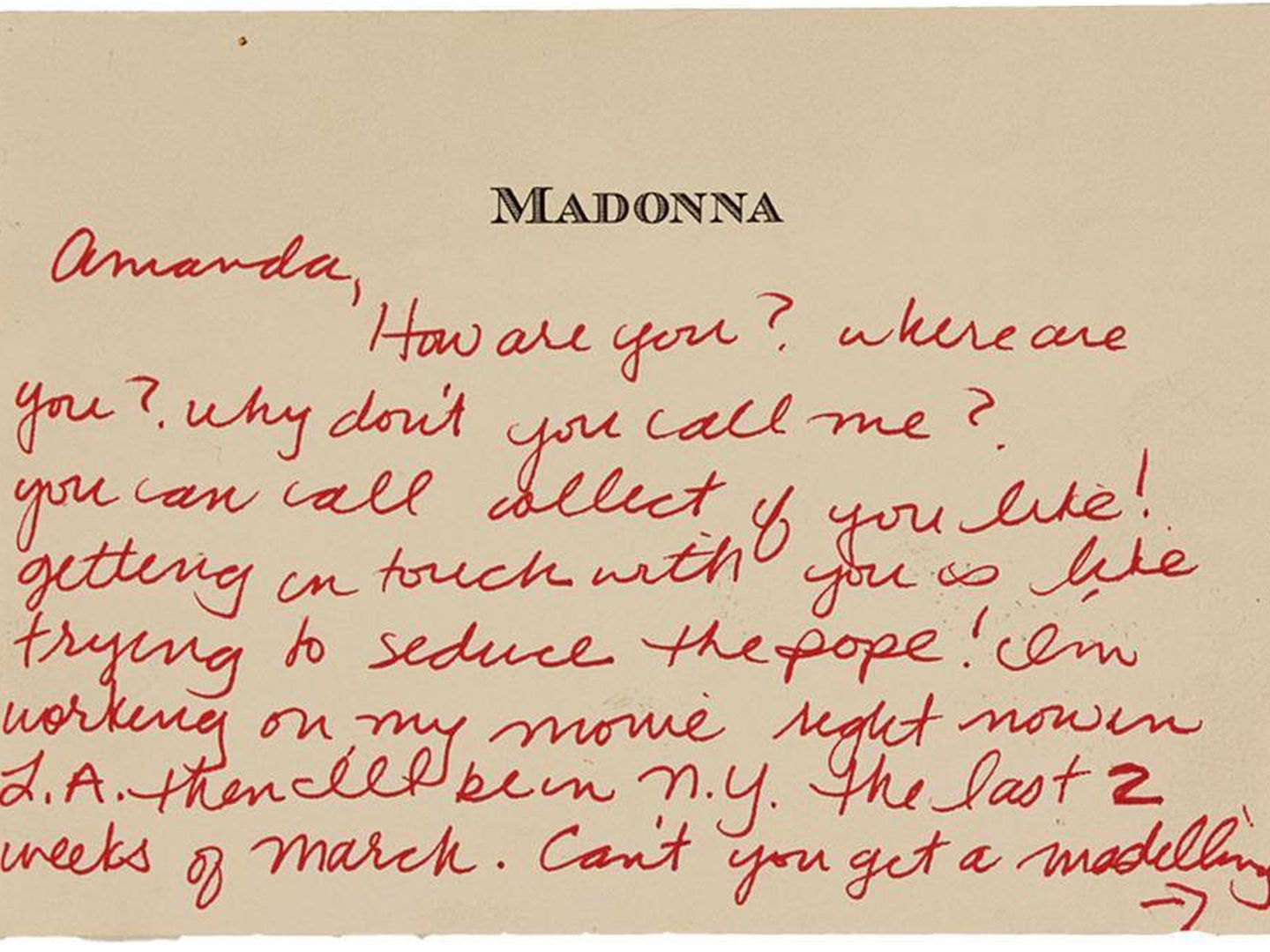 Fragmento de una de las cartas de Madonna enviadas a Amanda Cazalet. (Caters News Agency)