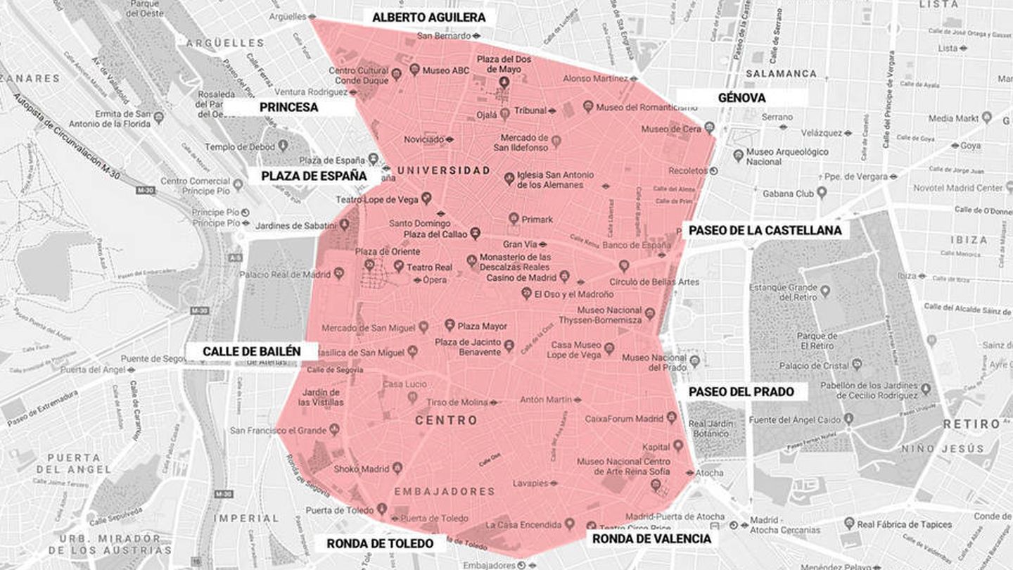 Perímetro que abarca la súper zona de Madrid Central. (EC)