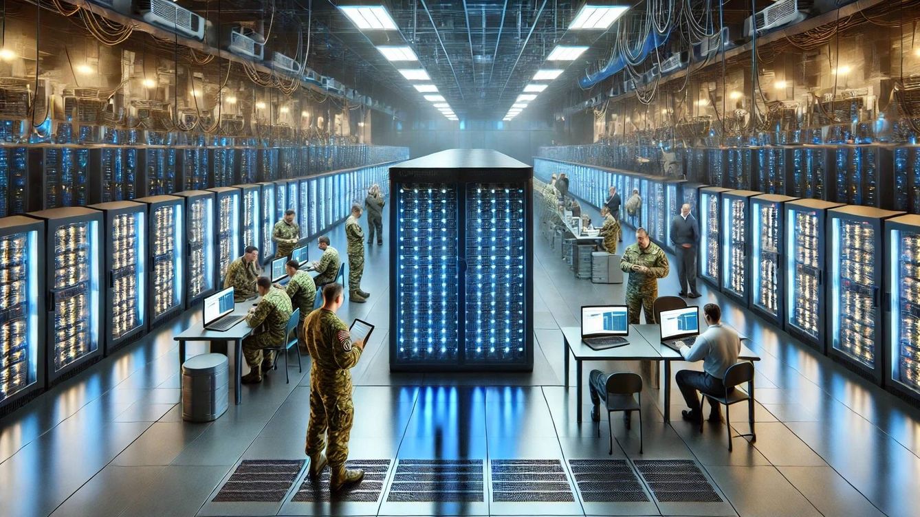 Foto: Ilustración ficticia de un supercomputador militar. (Novaceno/Inteligencia artificial)