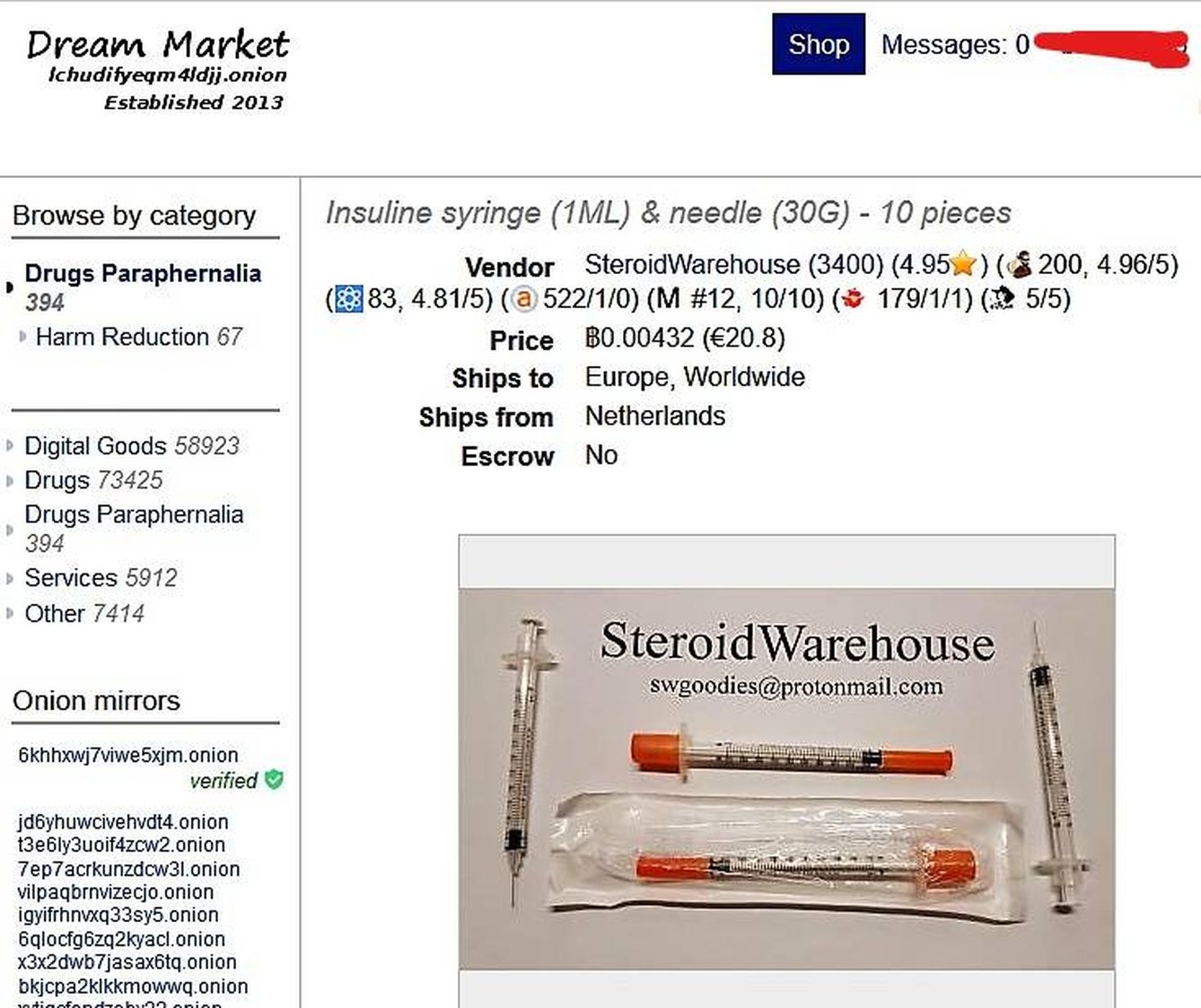 Venta de jeringas para insulina y esteroides en la 'dark web'