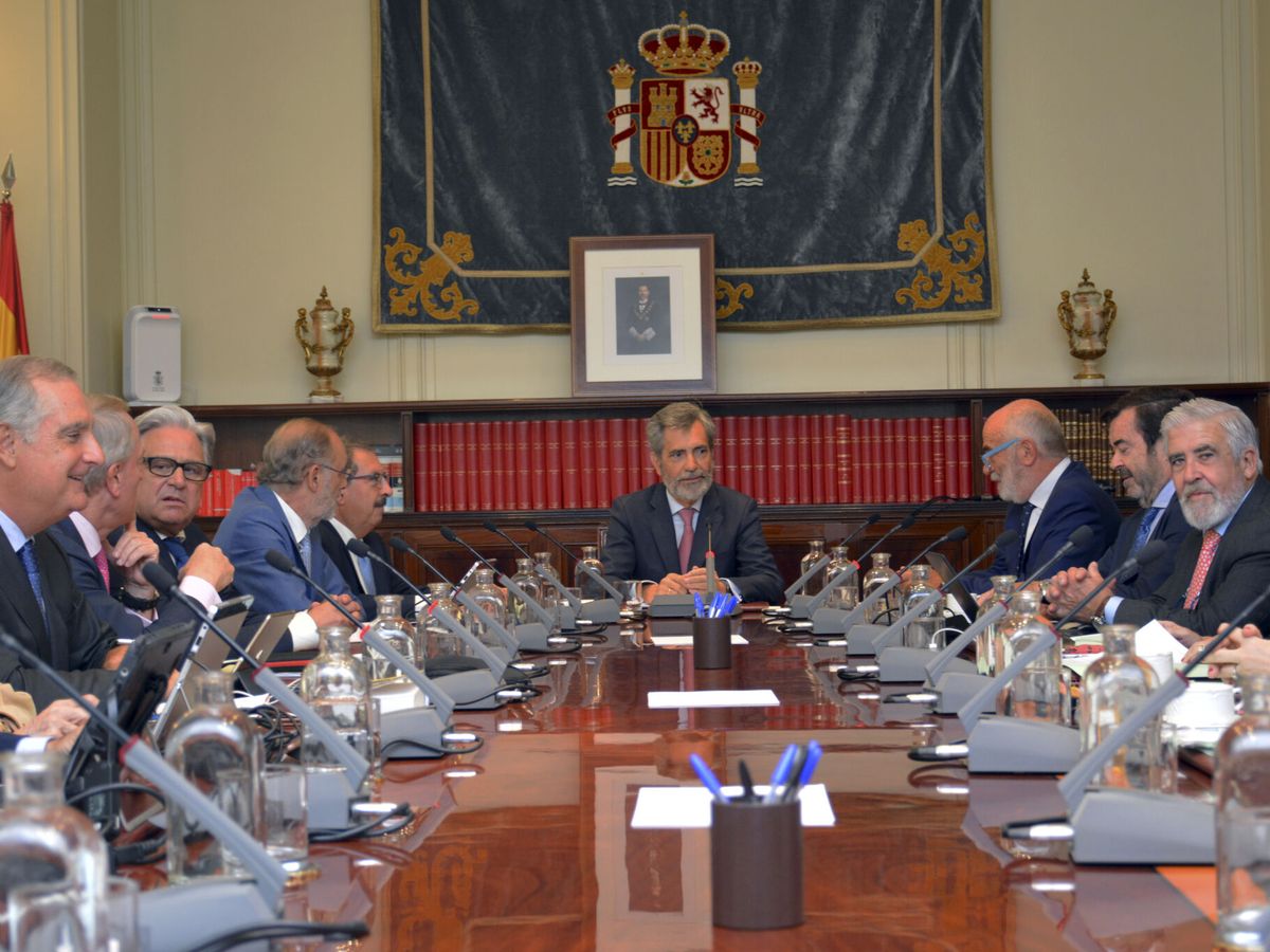 Foto: El presidente del Consejo General del Poder Judicial (CGPJ), Carlos Lesmes (c), preside un pleno extraordinario. (EFE/CGPJ)