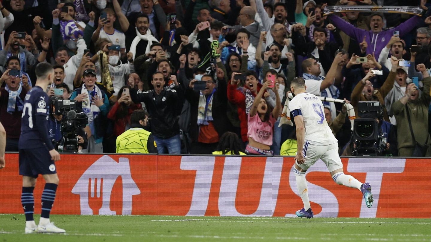 Karim Benzema celebra su tanto contra el Manchester City en semifinales de Champions. (Reuters/Juan Medina)