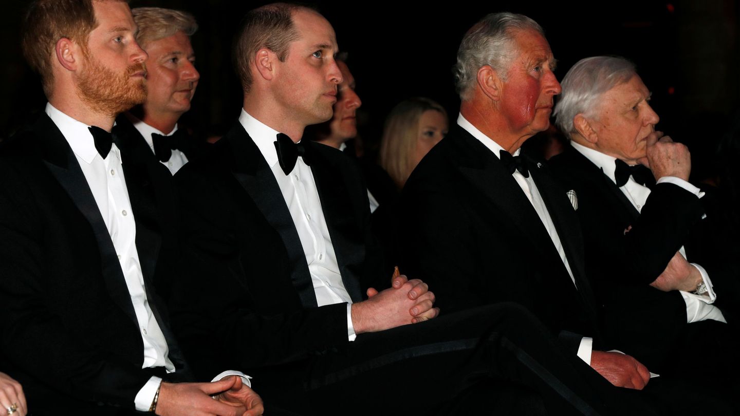El príncipe Carlos con sus hijos Guillermo y Harry en el estreno de 'Our Planet' este jueves en Londres. (Reuters)