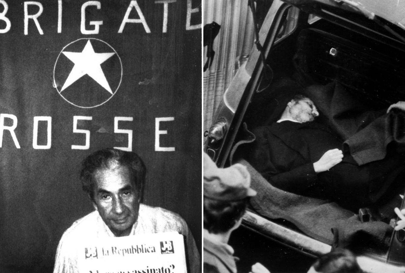A la izquierda, Aldo Moro durante su secuestro por las brigadas Rojas. A la derecha, su cadáver encontrado en el maletero de un coche.