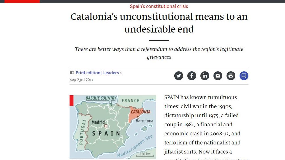 'The Economist': "Puigdemont debería dar un paso atrás en su imprudente referéndum"