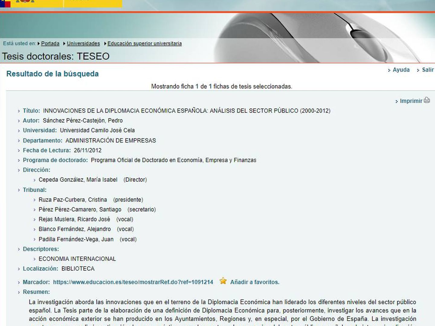 Página web de TESEO donde se da la información de la tesis de Sánchez