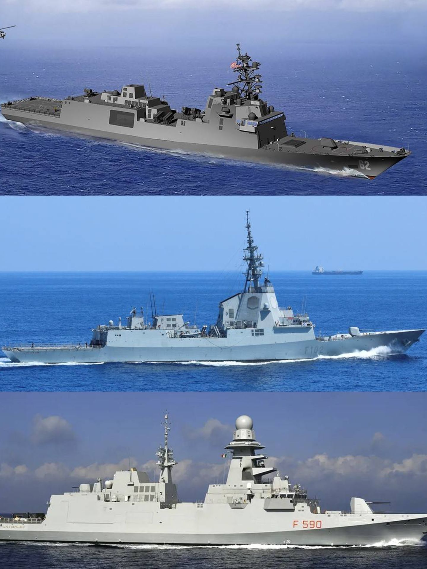 Comparativa de diseños. FFG(X) (arriba), F-100 (centro) y FREMM (abajo). (Montaje: US Navy, Juanjo Fernández, Wikicommons)