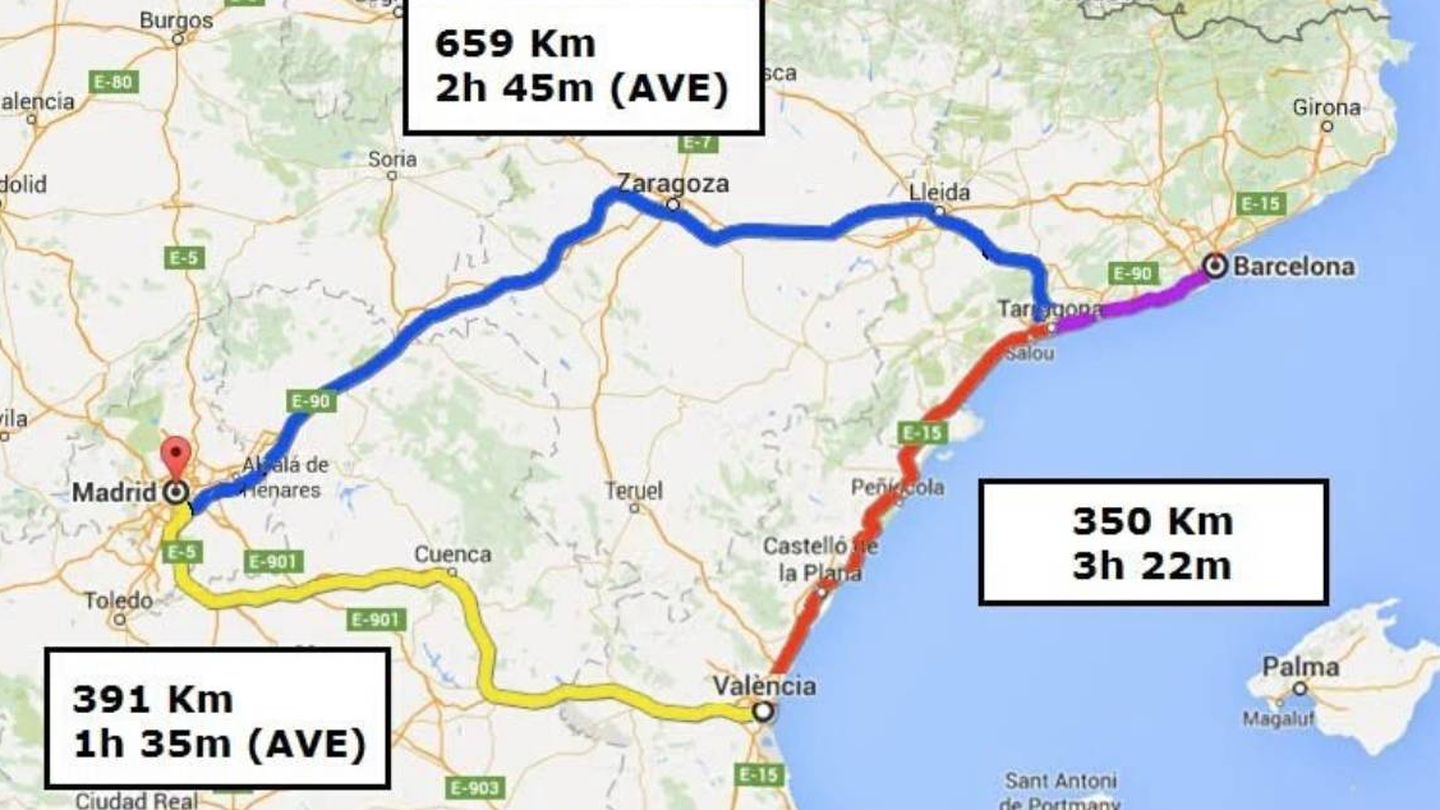 Tiempos de viaje y distancia en el triángulo Barcelona-Valencia-Madrid. (@josepboira)