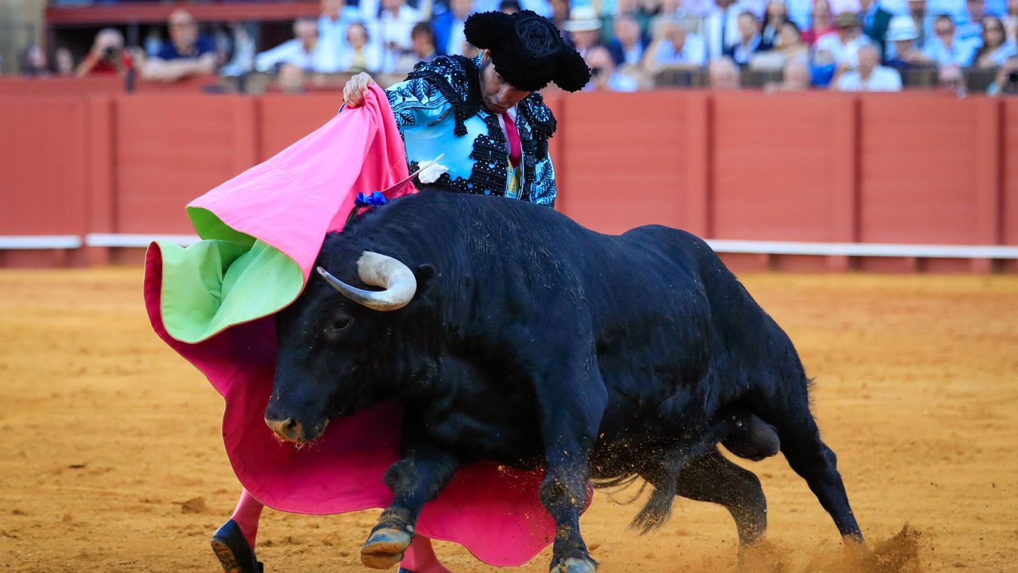 El torero Morante de la Puebla, en la faena a su segundo toro, al que cortó dos orejas y rabo en la décima corrida de abono de la Feria de Abril de Sevilla. (EFE/Julio Muñoz)