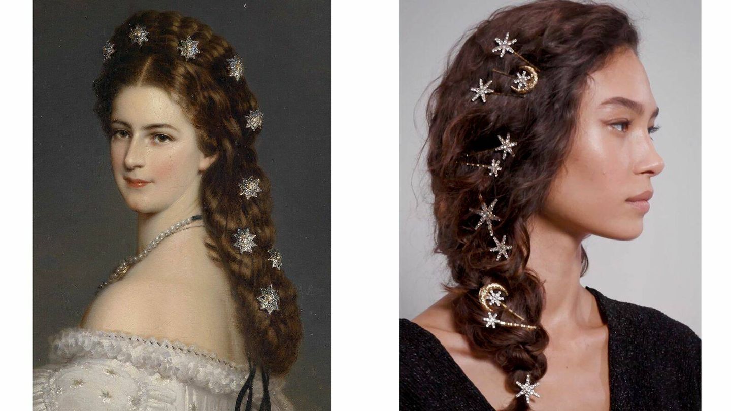 Retrato de Sissi con las horquillas-estrella y modelo de Jennifer Behr con el pasador de moda. (Kunsthistorisches Museum/Jennifer Behr)