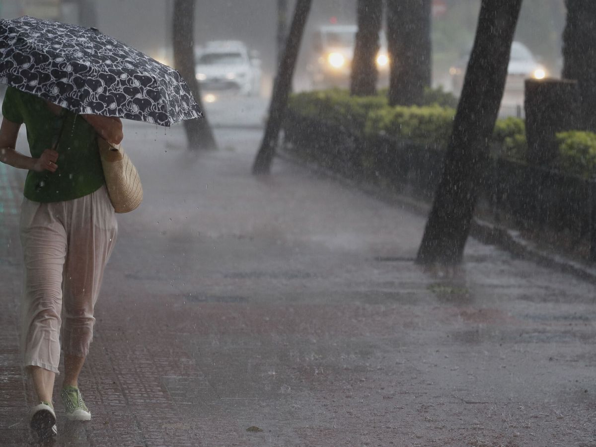 Foto: Una mujer camina por la acera bajo una intensa lluvia. (EFE/Juan Carlos Cárdenas)