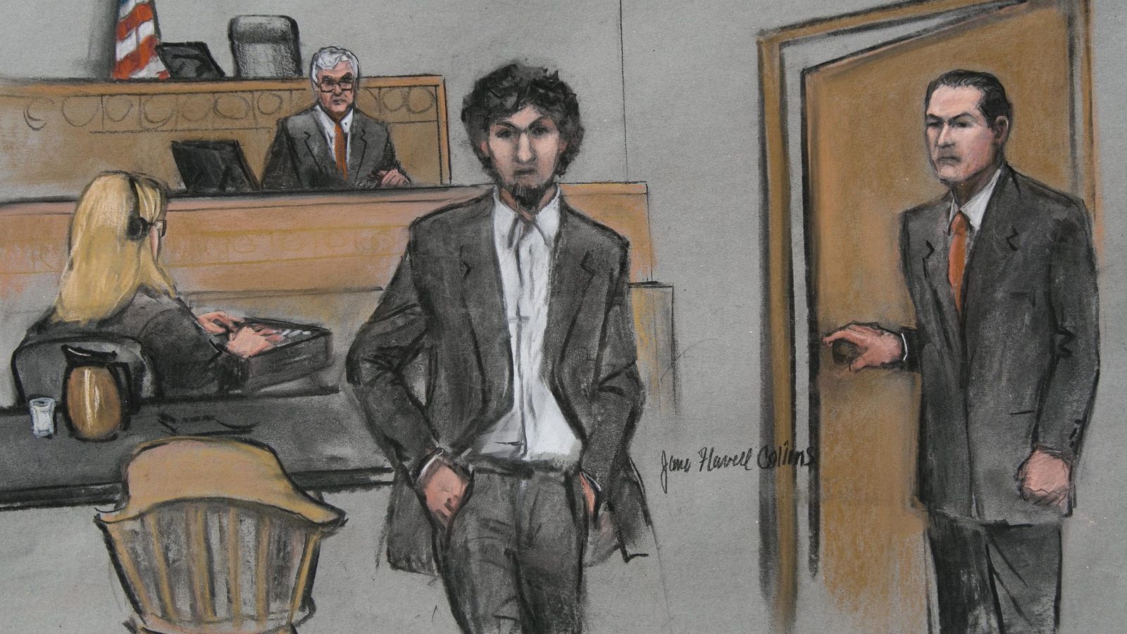 Foto: Recreación del juicio de Dzokhar Tsarnaev en Boston. (EFE)