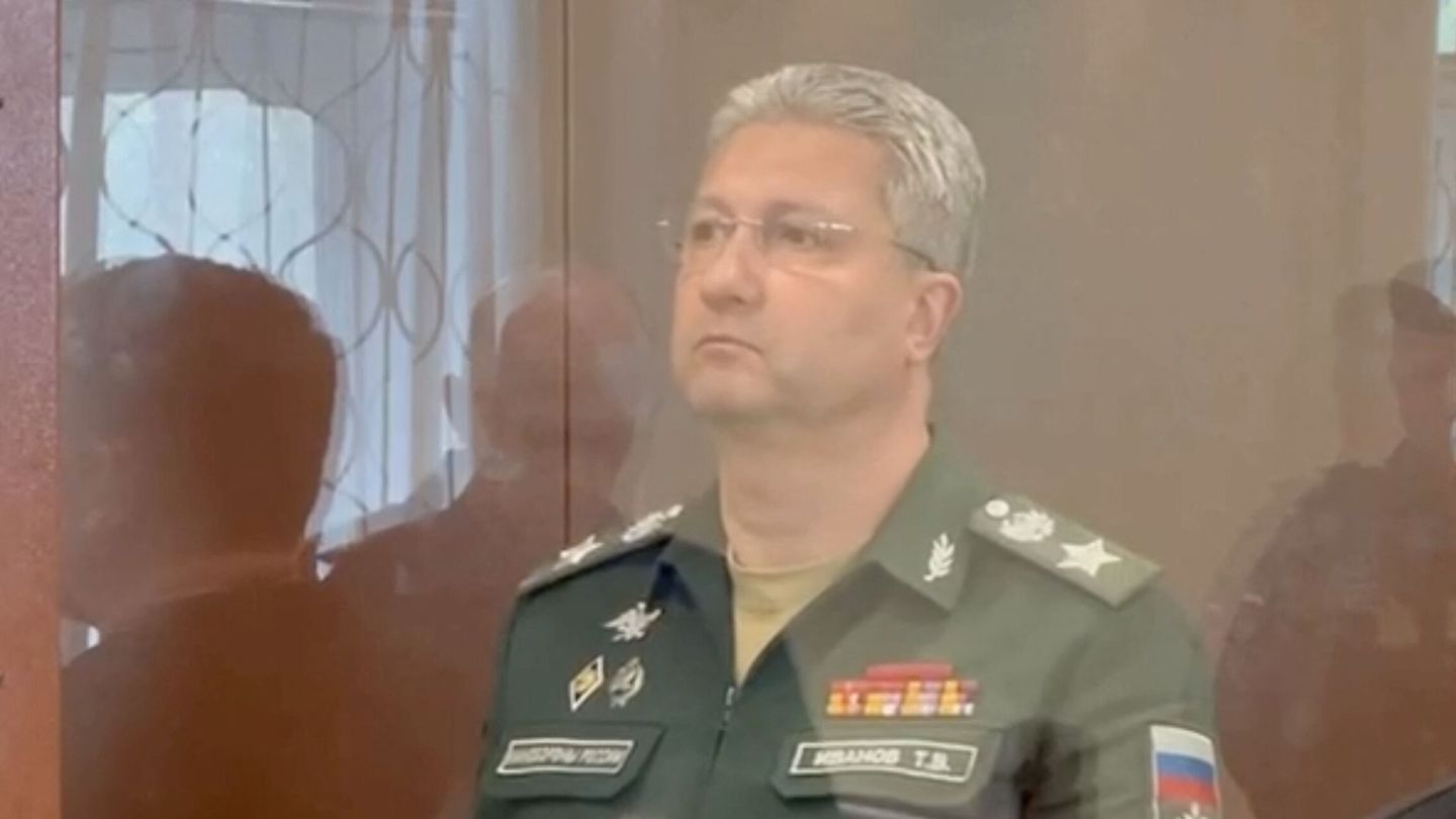 Russian Deputy Defence Minister Timur Ivanov detained on suspicion of taking major bribes attends a court hearing in Moscow, Russia, in this still image from video released April 24, 2024. Moscow City Court's Press Office Handout via REUTERS ATTENTION EDITORS - THIS IMAGE HAS BEEN SUPPLIED BY A THIRD PARTY. NO RESALES. NO ARCHIVES. MANDATORY CREDIT.