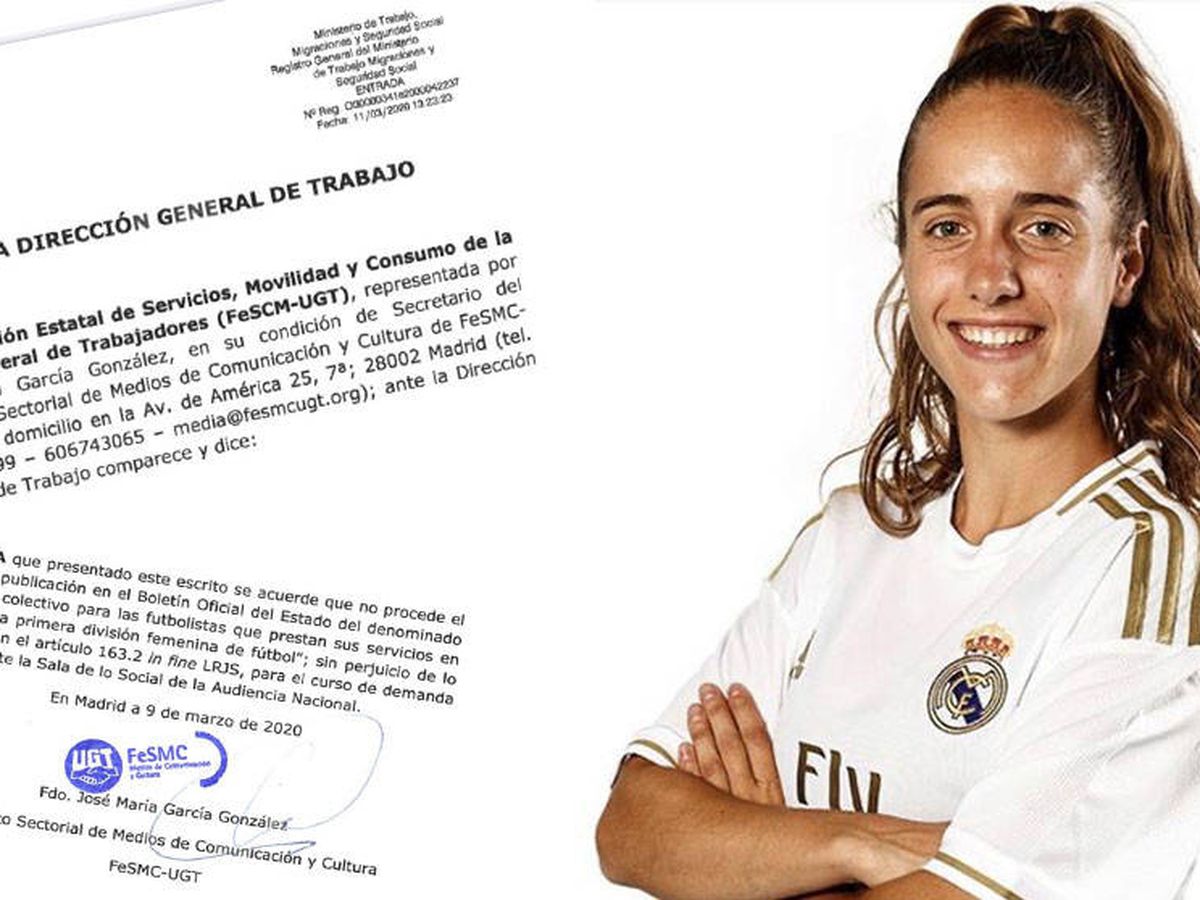 Foto: Carta de UGT a la Dirección de General de Trabajo y Maite Oroz, ex del Athletic, con la camiseta del Real Madrid