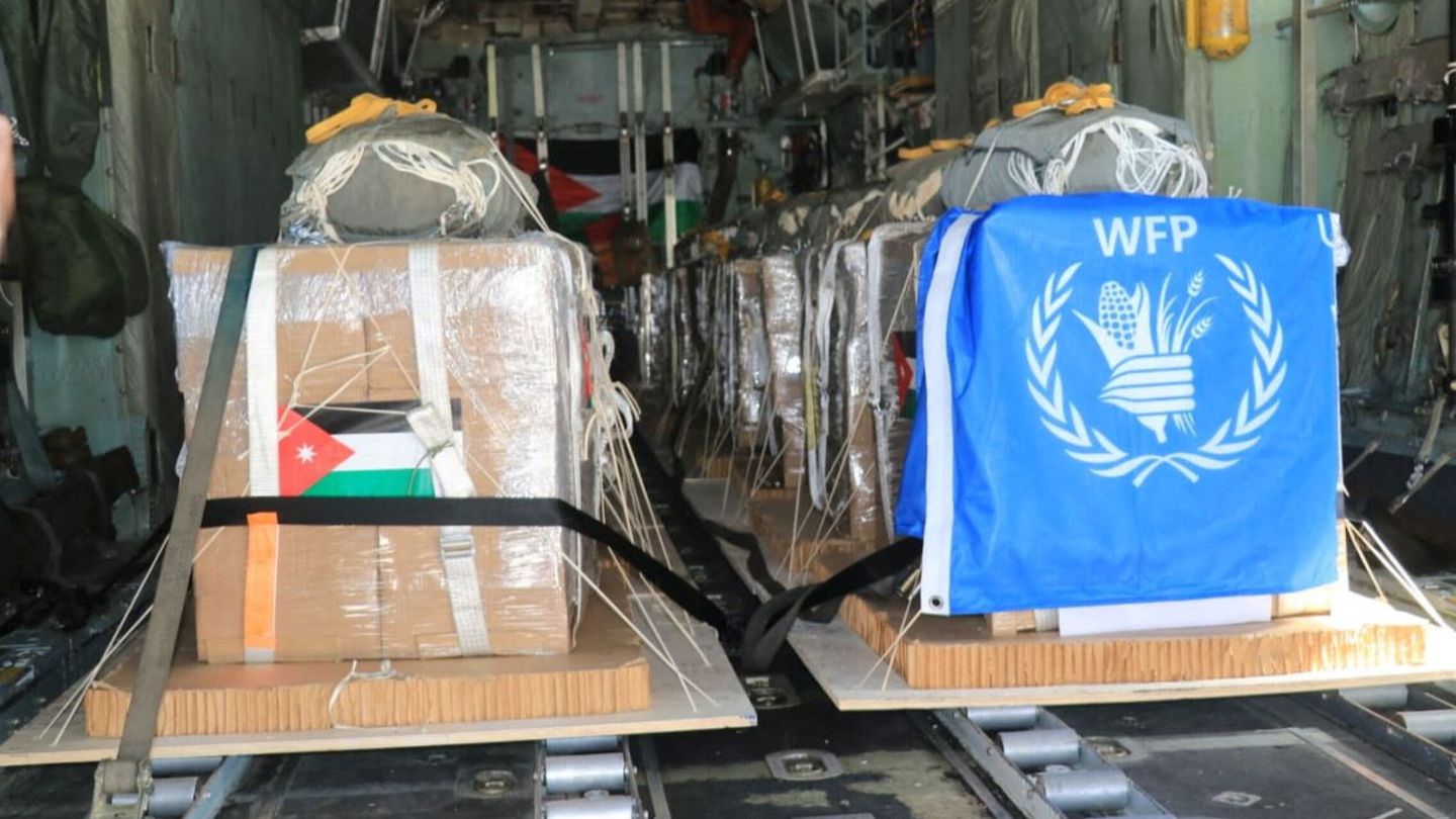 A picture released on March 5, 2024, by the Jordanian Armed Forces website shows what it said was  aid parcels to be air-dropped to Gaza, in an operation it said was being carried out with the participation of the United States, Egypt and France, in Zarqa, Jordan. Jordan Armed Forces Handout via REUTERS ATTENTION EDITORS - THIS IMAGE WAS PROVIDED BY A THIRD PARTY NO RESALES. NO ARCHIVES.