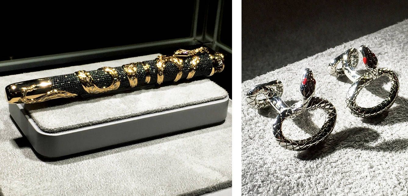 A la izquierda, Serpent Nº1, la pieza maestra de la nueva colección Montblanc 110. A su lado, gemelos y clip de corbata de la edición de Aniversario Montblanc 110.