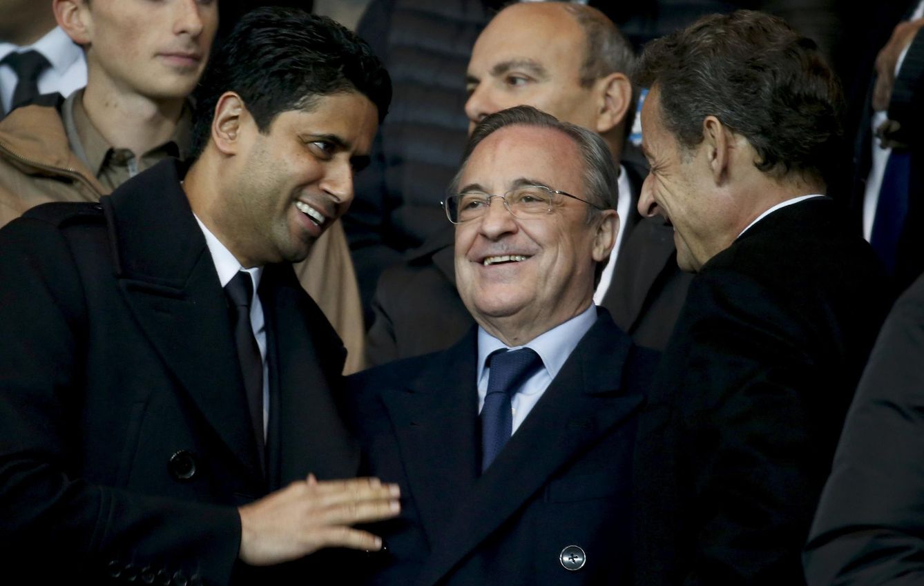 Nasser Al-Khelaifi, propietario del Paris Saint Germain y del canal catarí Al Jazeera Sport, junto a Florentino Pérez y Nicolas Sarkozy. 