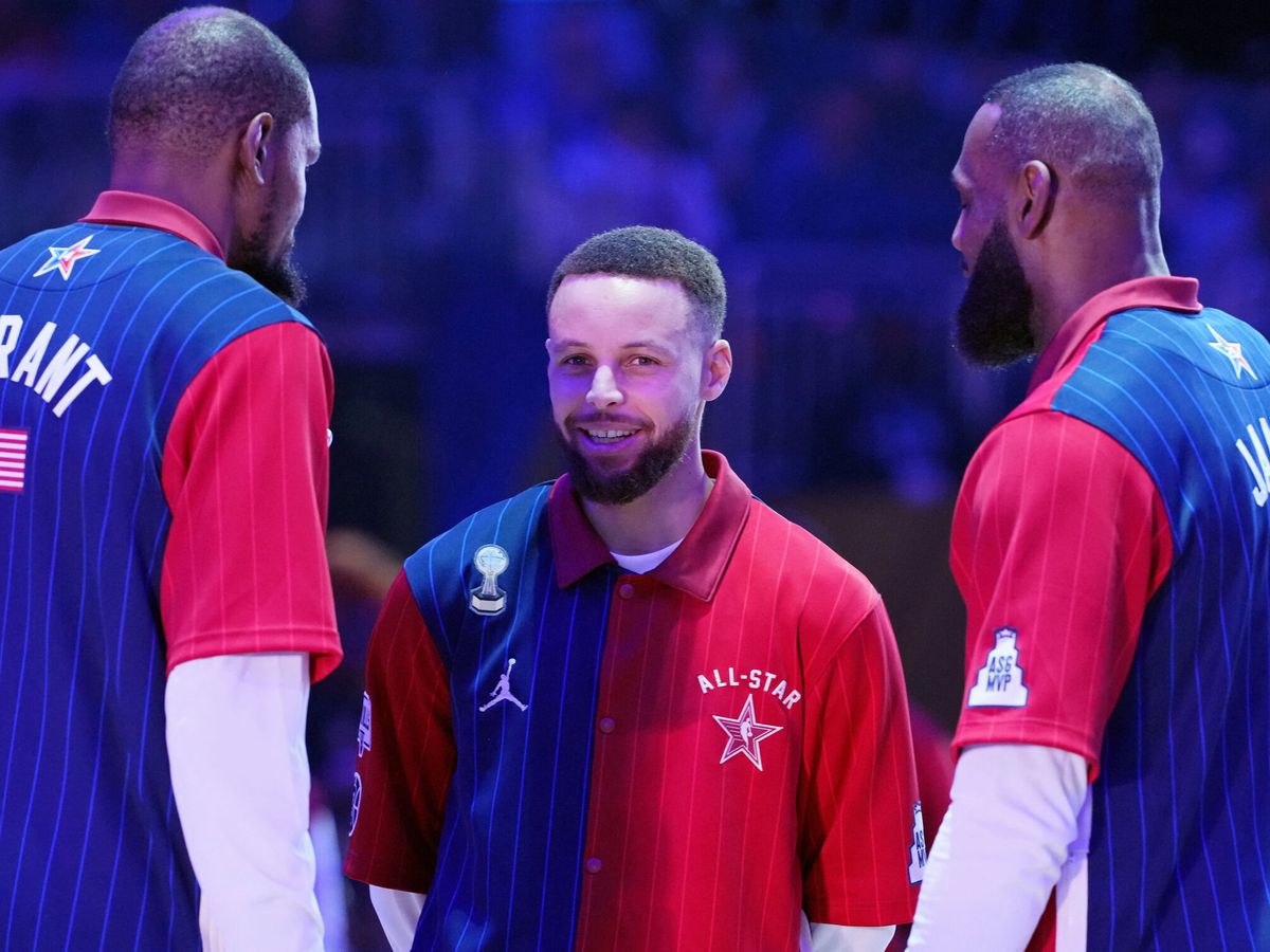 Foto: Stephen Curry, Kevin Durant y LeBron James durante el All Star 2024 (Kyle Terada-USA TODAY Sports).