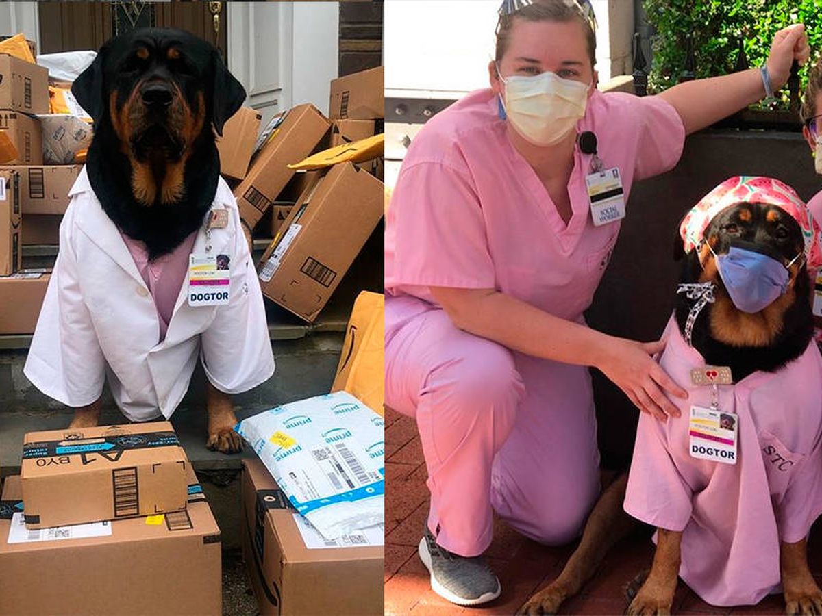 Foto: Loki junto a los kits de ayuda que reparte y posando con algunas sanitarias (Foto: Instagram)