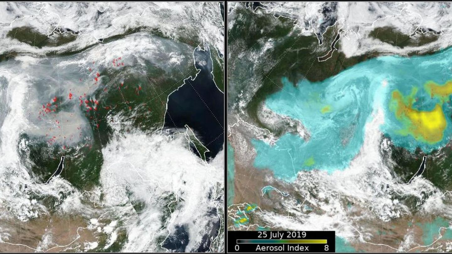 Foto de satélite que muestra el índice de aerosol superpuesto (derecha) y los picos de fuego (izquierda) sobre Siberia, Rusia, en esta imagen de las redes sociales obtenida por Reuters.