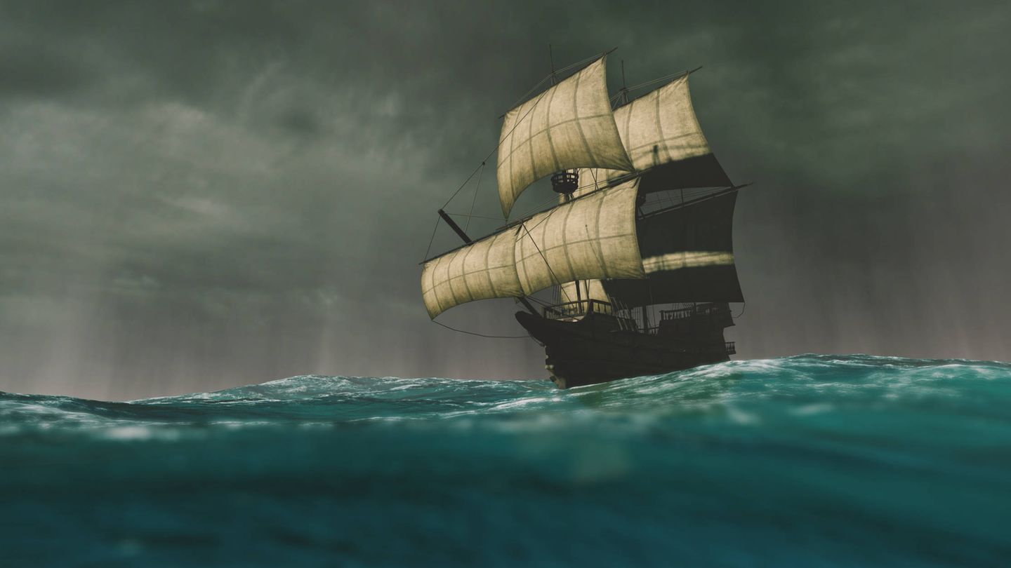 Recreación de la carabela Colón navegando en una tormenta.