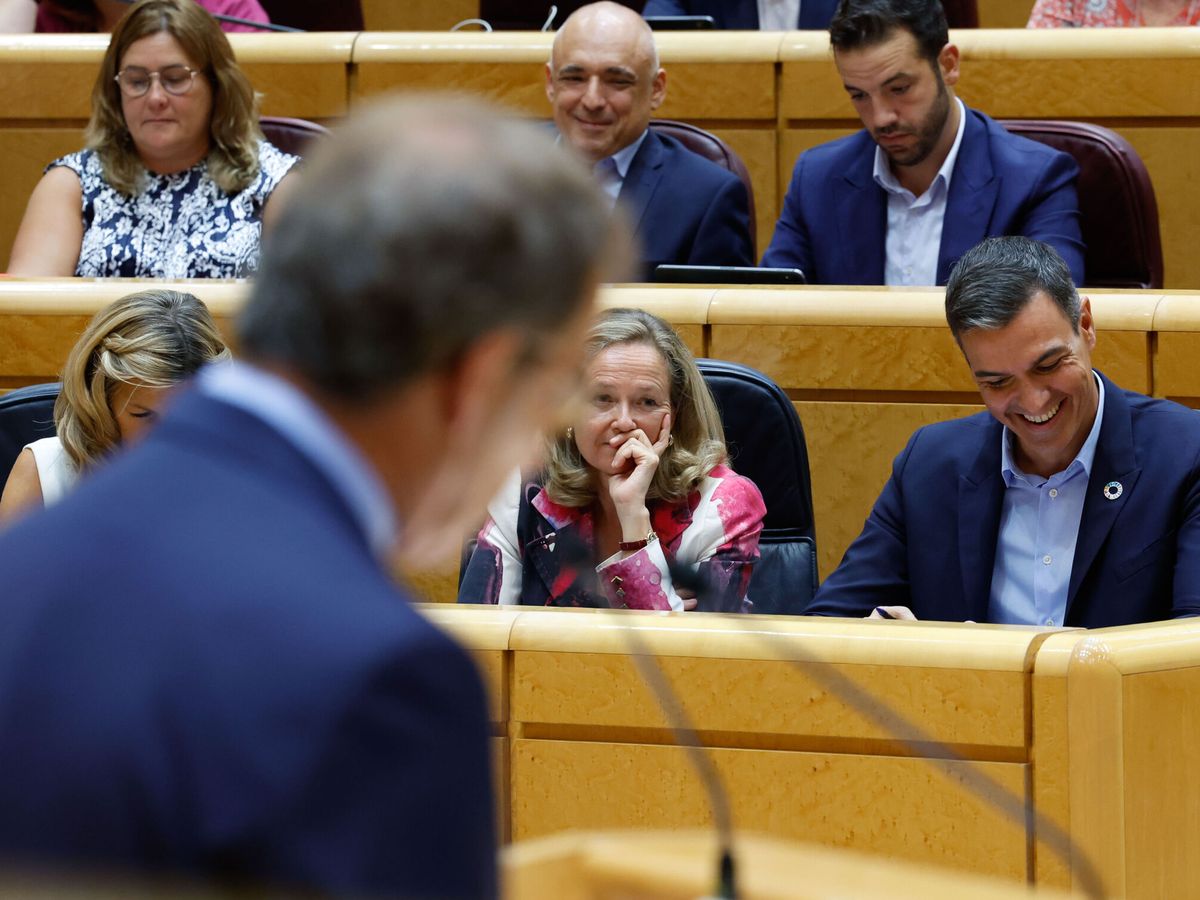 Foto: Pedro Sánchez sonríe durante la intervención de Alberto Núñez Feijóo en el Senado. (EFE/Juanjo Martín)