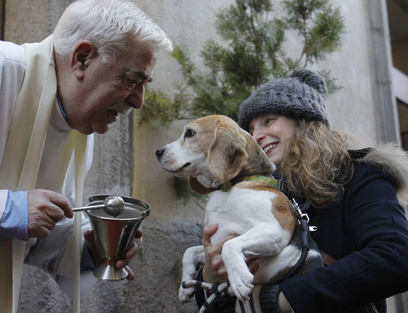 El cura de la Iglesia de San Antón de Madrid bendice a un perro siguiendo la tradición de la festividad. (EFE)