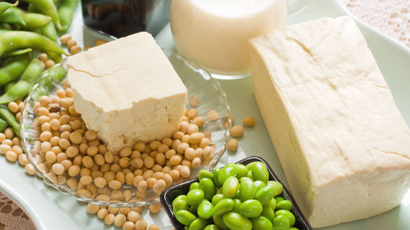 Granos de soja con sus productos derivados como bebida o salsa de soja y tofu. (iStock)