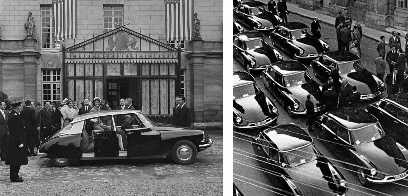 A la izquierda, imagen de Jackie Kennedy, una de las muchas personalidades que disfrutaron del DS. A la derecha, fotografía del DS Prestige, que se convirtió en el coche oficial de la República francesa. 