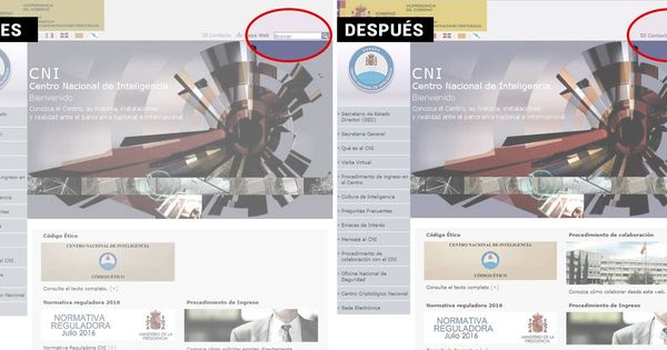 Foto: La web del CNI, ayer (imagen izquierda), con el buscador habilitado donde los 'hackers' encontraron la vulnerabilidad. La nueva versión de la página, hoy (dcha), ya no incorpora el buscador.
