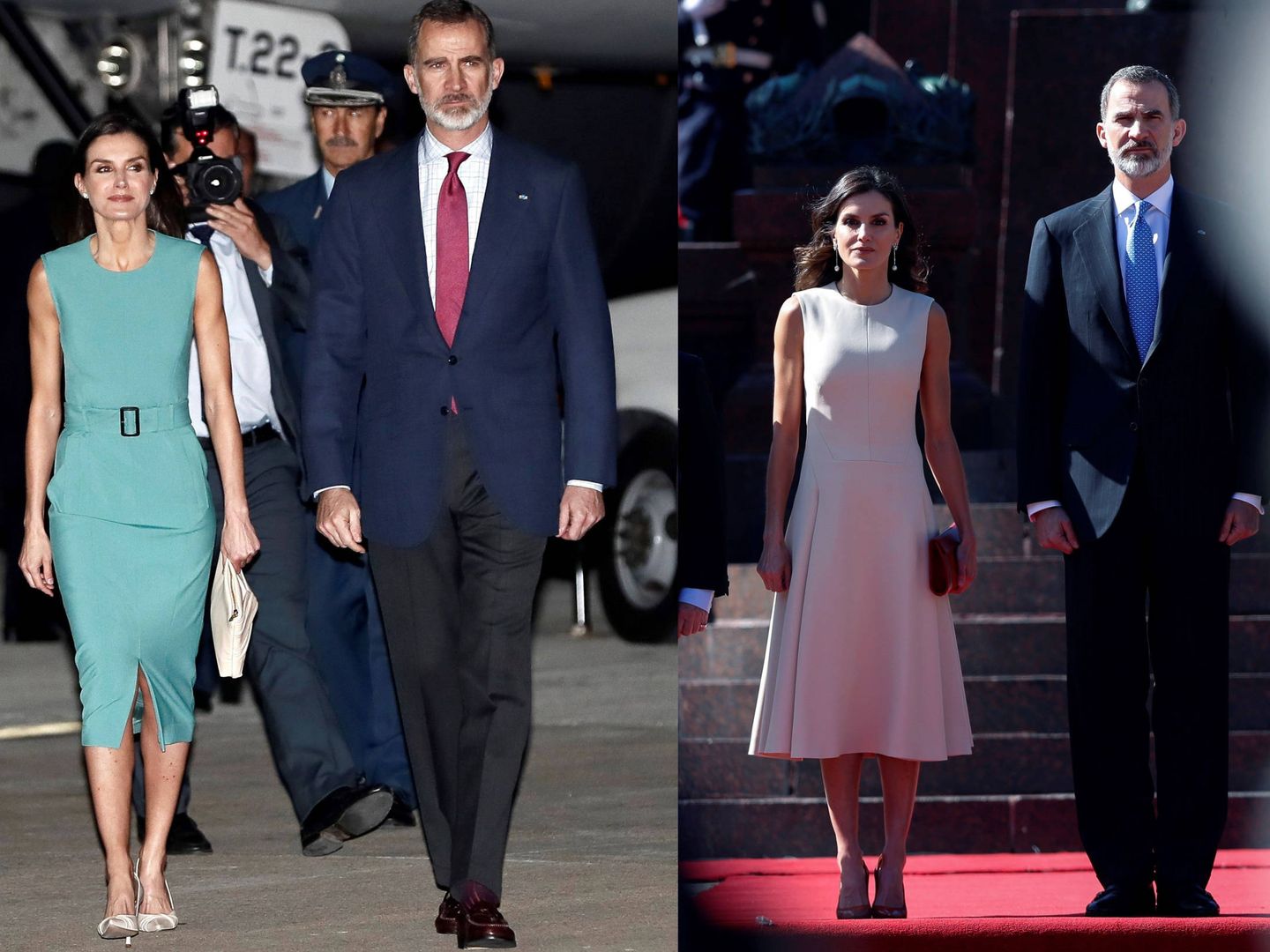 La Reina, con dos de los vestidos que estrenó en Buenos Aires. (EFE)