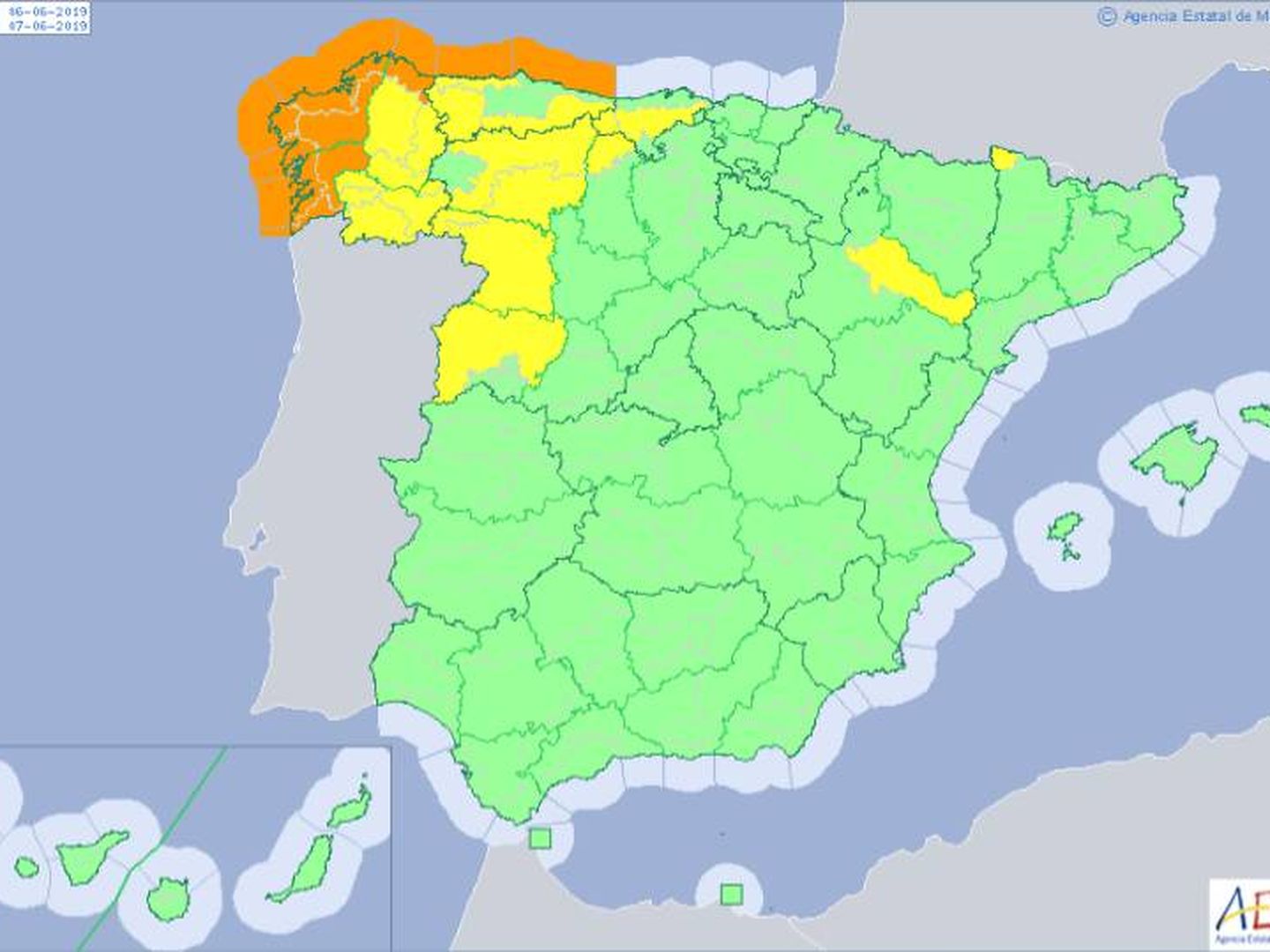 Mapa de España con la predicción de AEMET con las zonas en riesgo importante (naranja), riesgo (amarillo) y sin riesgo (verde)