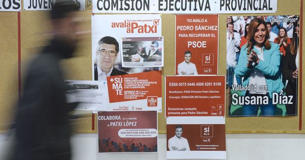 Foto: Carteles de apoyo a los tres candidatos a la secretaría general del PSOE colocados en la sede del PSOE de Valladolid. (EFE)