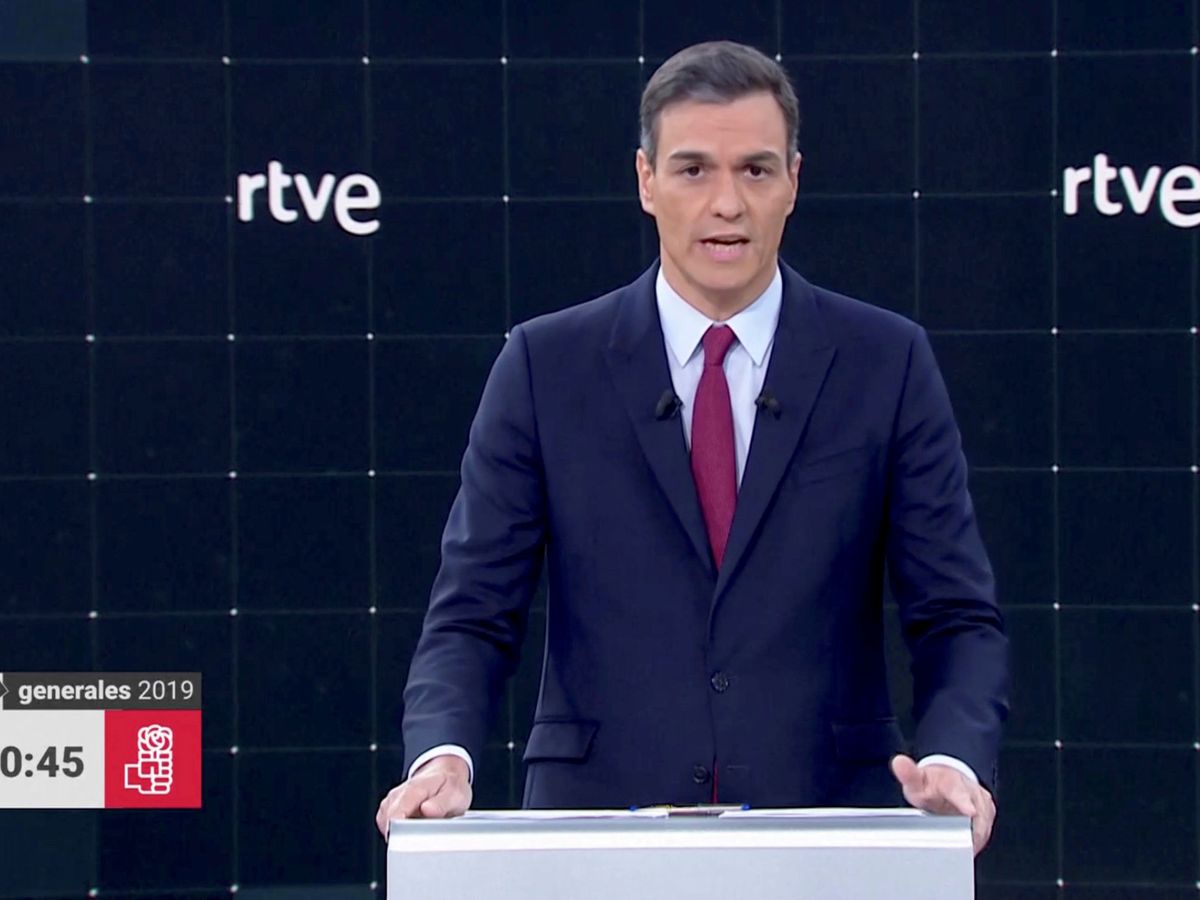 Foto: Pedro Sánchez durante un debate electoral en la campaña de 2019 celebrado en TVE. 