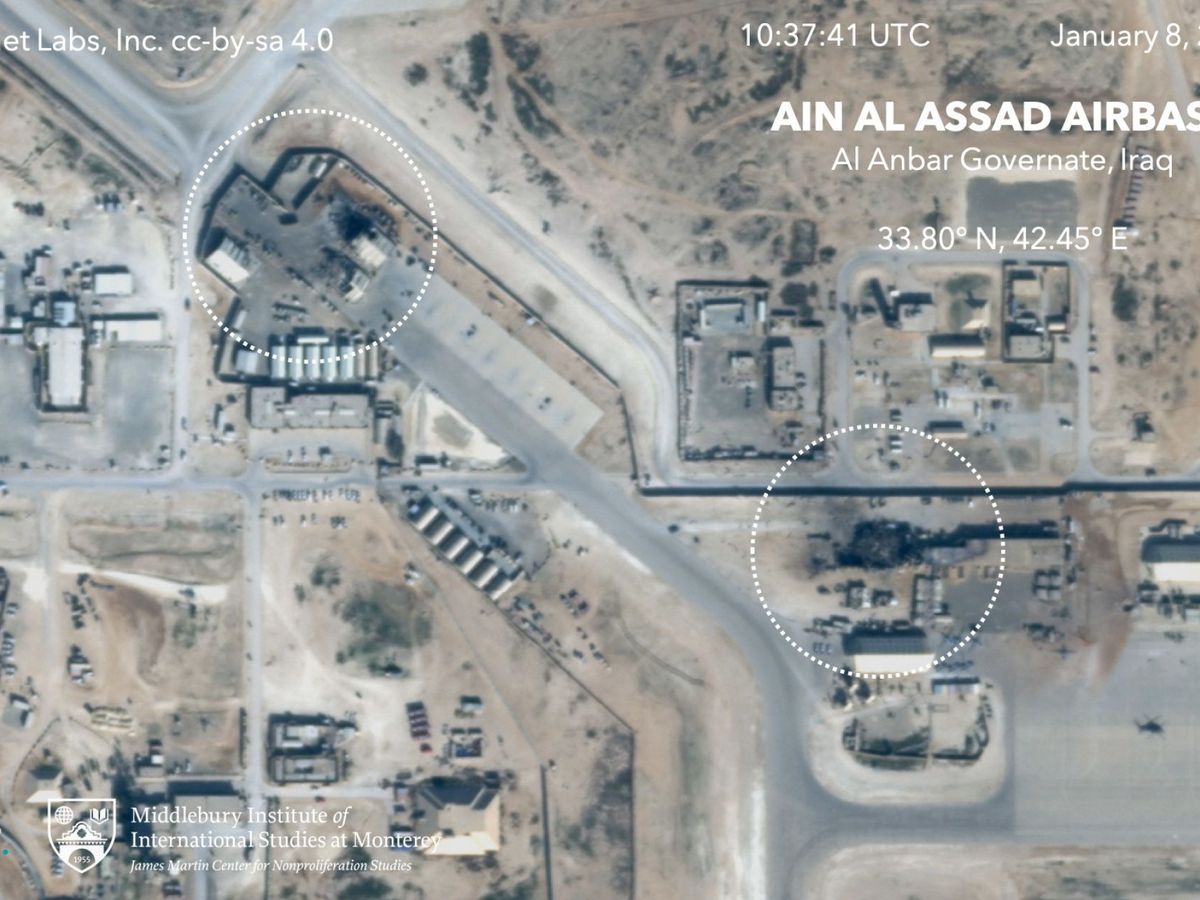 Foto: Imagen por satélite de los edificios dañados y derruidos en Al Asad en Irak, una de las bases que atacó Irán con misiles el 8 de enero. (EFE)